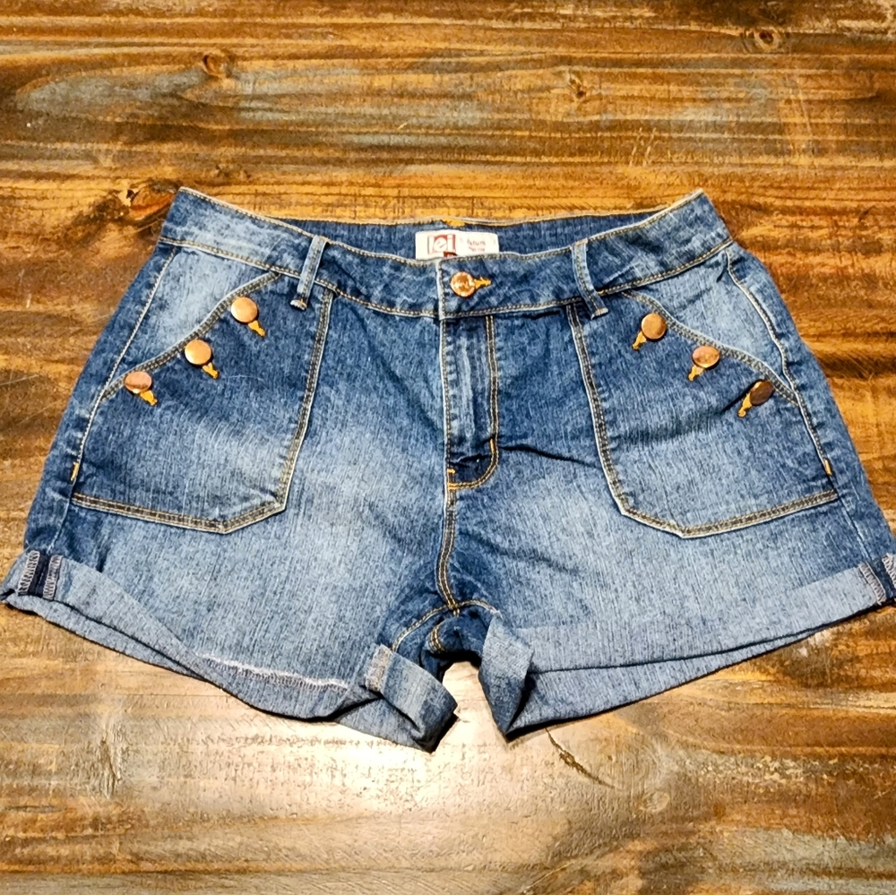 Y2K, I.E.I Stretchy Blue Jeans Shorts with Copper Buttons
